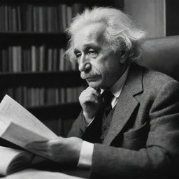 Albert Einstein deep in thought while reading 'Brothers Karamazov' by Fyodor Dostoevsky in a quiet, comfortable environment