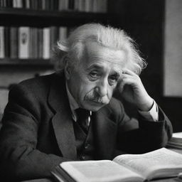 Albert Einstein deep in thought while reading 'Brothers Karamazov' by Fyodor Dostoevsky in a quiet, comfortable environment