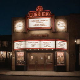 The exterior view of a vintage movie theatre, adorned with antique film reels, a classic camera, and a director's clapboard under evening lighting.