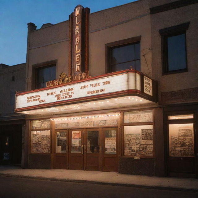 The exterior view of a vintage movie theatre, adorned with antique film reels, a classic camera, and a director's clapboard under evening lighting.