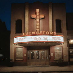 The exterior view of a vintage movie theatre, adorned with antique film reels, a classic camera, and a director's clapboard under evening lighting.