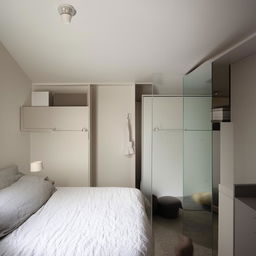 A bedroom with bathroom and a dressing room