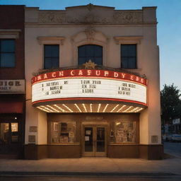 The exterior view of a vintage movie theatre, adorned with antique film reels, a classic camera, and a director's clapboard under evening lighting.