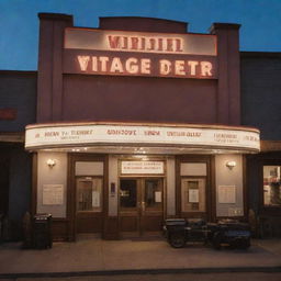 The exterior of a vintage movie theatre, featuring antique film reels, a classic camera, and a director's clapboard, bathed in the soft glow of twilight.