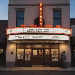 The exterior of a vintage movie theatre, featuring antique film reels, a classic camera, and a director's clapboard, bathed in the soft glow of twilight.