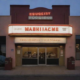 The exterior of a vintage movie theatre, featuring antique film reels, a classic camera, and a director's clapboard, bathed in the soft glow of twilight.