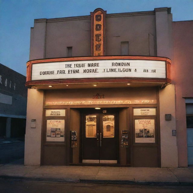 The exterior of a vintage movie theatre, featuring antique film reels, a classic camera, and a director's clapboard, bathed in the soft glow of twilight.