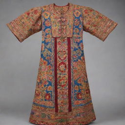 An ornate historical Filipino gown from the Spanish colonial period, bursting with rich colors, intricate patterns, and traditional embroidery.