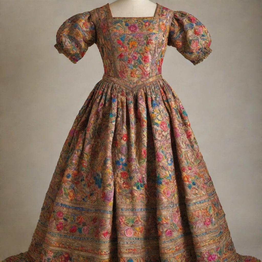 An ornate historical Filipino gown from the Spanish colonial period, bursting with rich colors, intricate patterns, and traditional embroidery.