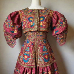 An ornate historical Filipino gown from the Spanish colonial period, bursting with rich colors, intricate patterns, and traditional embroidery.