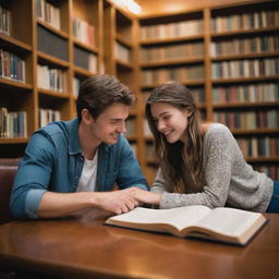 A happy couple, boyfriend and girlfriend, engrossed in their own novels while sharing a quiet moment in a well-lit, cozy library