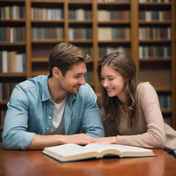 A happy couple, boyfriend and girlfriend, engrossed in their own novels while sharing a quiet moment in a well-lit, cozy library