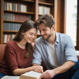 A happy couple, boyfriend and girlfriend, engrossed in their own novels while sharing a quiet moment in a well-lit, cozy library