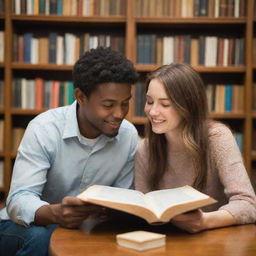 A happy couple, boyfriend and girlfriend, engrossed in their own novels while sharing a quiet moment in a well-lit, cozy library