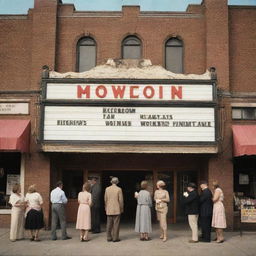 An outdoor view of a vintage movie theatre, showcasing a classic cinema board with movie titles, a line of patrons holding popcorn, old film reels, an antique camera, and a director's clapboard.