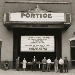 An outdoor view of a vintage movie theatre, showcasing a classic cinema board with movie titles, a line of patrons holding popcorn, old film reels, an antique camera, and a director's clapboard.