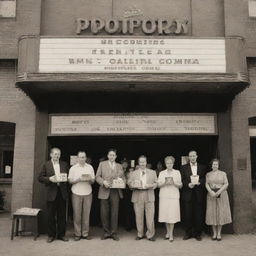 An outdoor view of a vintage movie theatre, showcasing a classic cinema board with movie titles, a line of patrons holding popcorn, old film reels, an antique camera, and a director's clapboard.