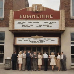 An outdoor view of a vintage movie theatre, showcasing a classic cinema board with movie titles, a line of patrons holding popcorn, old film reels, an antique camera, and a director's clapboard.