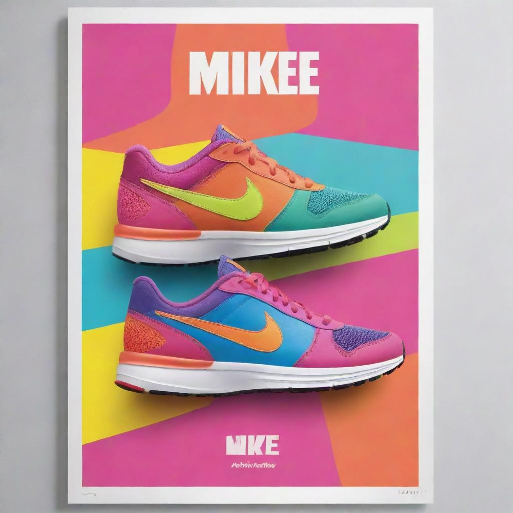 Bright and fun Nike shoe poster tailored for children. Filled with vibrant colours, an entertaining slogan, and comprehensive product descriptions presenting the shoes' advantages, comfort, and style.