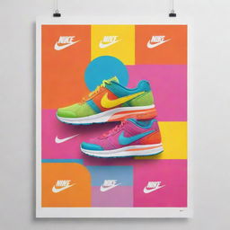 Bright and fun Nike shoe poster tailored for children. Filled with vibrant colours, an entertaining slogan, and comprehensive product descriptions presenting the shoes' advantages, comfort, and style.