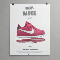 Kid-oriented Nike shoe poster. It includes an engaging slogan and a brief, fun description of the product's features, illustrating the shoe in a child-friendly, playful style.