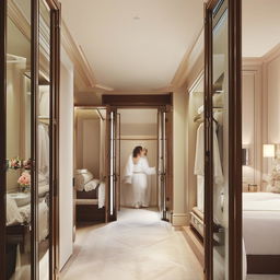 Luxurious bedroom seamlessly connected to an opulent bathroom, with a well-appointed dressing room situated at the far end.