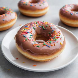 A mouth-watering donut with a glossy glaze and colorful sprinkles on top, served on a clean white plate.