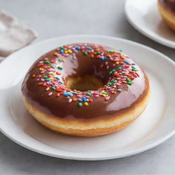 A mouth-watering donut with a glossy glaze and colorful sprinkles on top, served on a clean white plate.