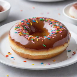 A mouth-watering donut with a glossy glaze and colorful sprinkles on top, served on a clean white plate.