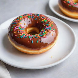 A mouth-watering donut with a glossy glaze and colorful sprinkles on top, served on a clean white plate.