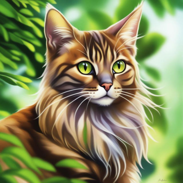 This high-quality digital art image now presents the acorn-colored cat with captivating brownish-greenish eyes