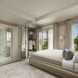 Luxurious bedroom seamlessly connected to an opulent bathroom, with a well-appointed dressing room situated at the far end.