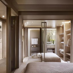 Luxurious bedroom seamlessly connected to an opulent bathroom, with a well-appointed dressing room situated at the far end.