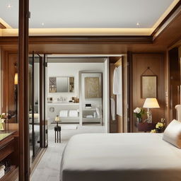 Luxurious bedroom seamlessly connected to an opulent bathroom, with a well-appointed dressing room situated at the far end.