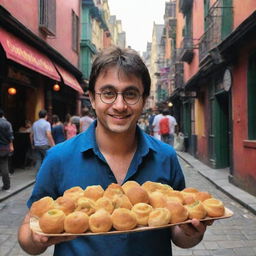 Harry Potter in Diagon Alley, delighted by the discovery and indulgence in the magical Indian street food, Pani Puri. A vivid blend of Wizarding world and delectable Muggle culinary traditions.