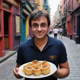 Harry Potter in Diagon Alley, delighted by the discovery and indulgence in the magical Indian street food, Pani Puri. A vivid blend of Wizarding world and delectable Muggle culinary traditions.