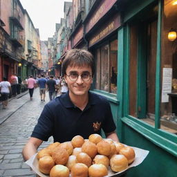 Harry Potter in Diagon Alley, delighted by the discovery and indulgence in the magical Indian street food, Pani Puri. A vivid blend of Wizarding world and delectable Muggle culinary traditions.