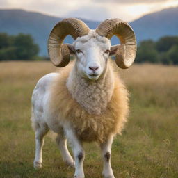 A deity resembling a ram, styled in a childish, whimsical fashion, radiating warmth and innocence. The ram god proudly brandishes an ethereal golden fleece in a vibrant meadow.