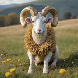 A deity resembling a ram, styled in a childish, whimsical fashion, radiating warmth and innocence. The ram god proudly brandishes an ethereal golden fleece in a vibrant meadow.