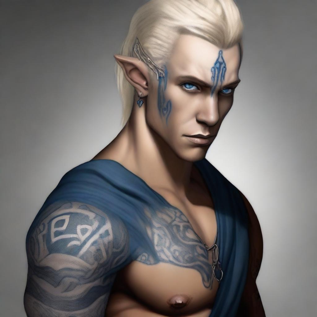 A digital art image of a black-skinned, blonde-haired half-elf rogue