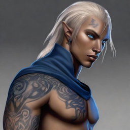 A digital art image of a black-skinned, blonde-haired half-elf rogue
