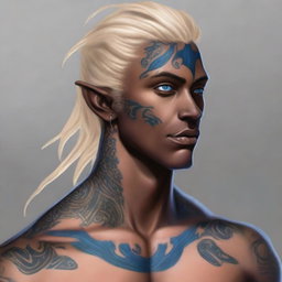 A digital art image of a black-skinned, blonde-haired half-elf rogue