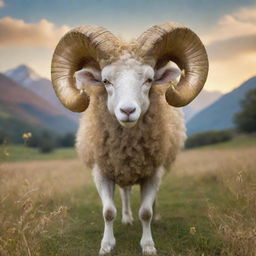 A deity resembling a ram, styled in a childish, whimsical fashion, radiating warmth and innocence. The ram god proudly brandishes an ethereal golden fleece in a vibrant meadow.