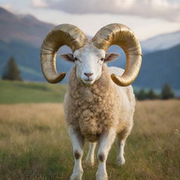 A deity resembling a ram, styled in a childish, whimsical fashion, radiating warmth and innocence. The ram god proudly brandishes an ethereal golden fleece in a vibrant meadow.