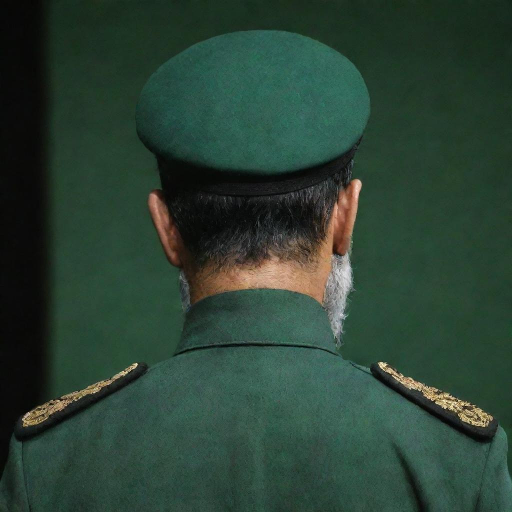 A stern IRGC guard seen from behind, his wheat-colored beard visible, wearing a jade green military uniform, set against a dual-toned black and dark green backdrop.