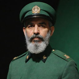 A stern IRGC guard seen from behind, his wheat-colored beard visible, wearing a jade green military uniform, set against a dual-toned black and dark green backdrop.