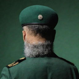 A stern IRGC guard seen from behind, his wheat-colored beard visible, wearing a jade green military uniform, set against a dual-toned black and dark green backdrop.