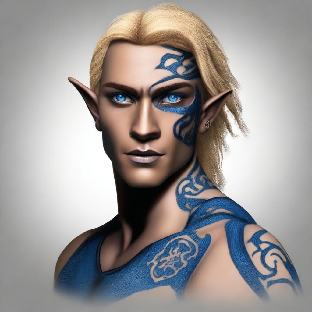 A revised digital art image of the previous black-skinned, blonde-haired half-elf rogue