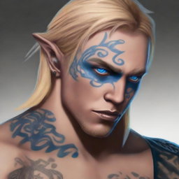 A revised digital art image of the previous black-skinned, blonde-haired half-elf rogue