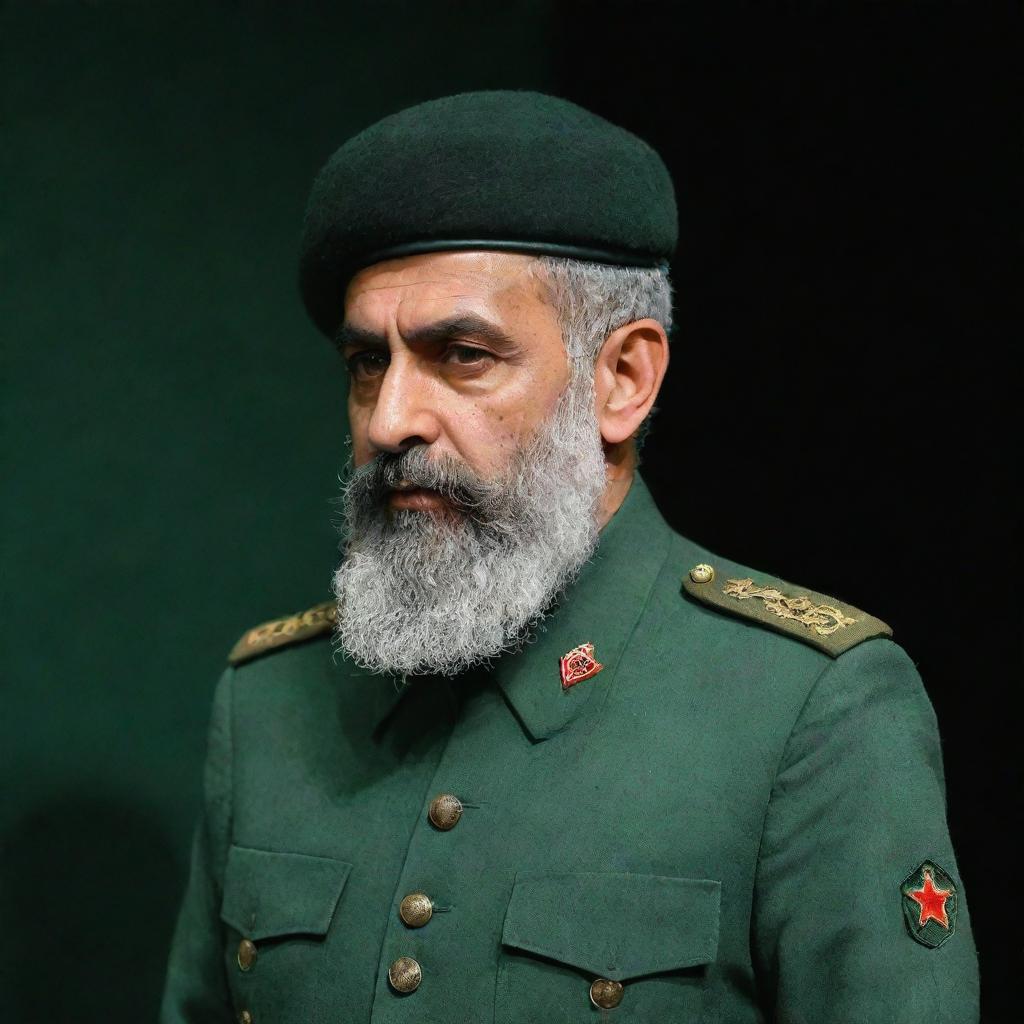 A stern IRGC guard seen from behind, his wheat-colored beard visible, wearing a jade green military uniform, set against a dual-toned black and dark green backdrop.